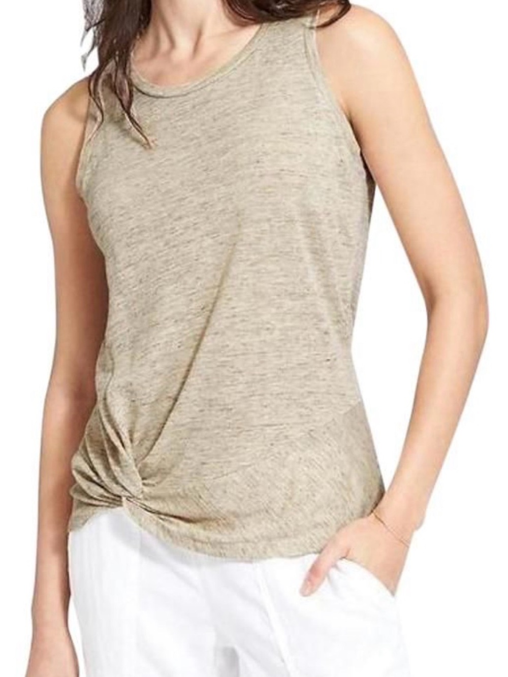 Athleta Sleeveless Twist-Hem Linen Tank Top - Heathered Beige Size XL
